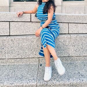 Blue and white sleeveless dress